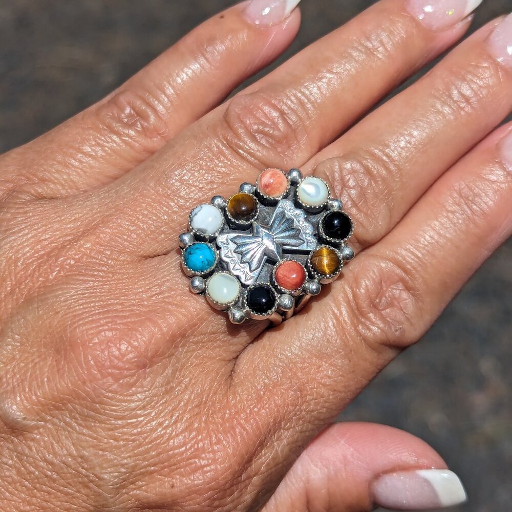 Authentic Zuni Multi Stone Cluster Ring Handmade Native American Jewelry Sz9.25*